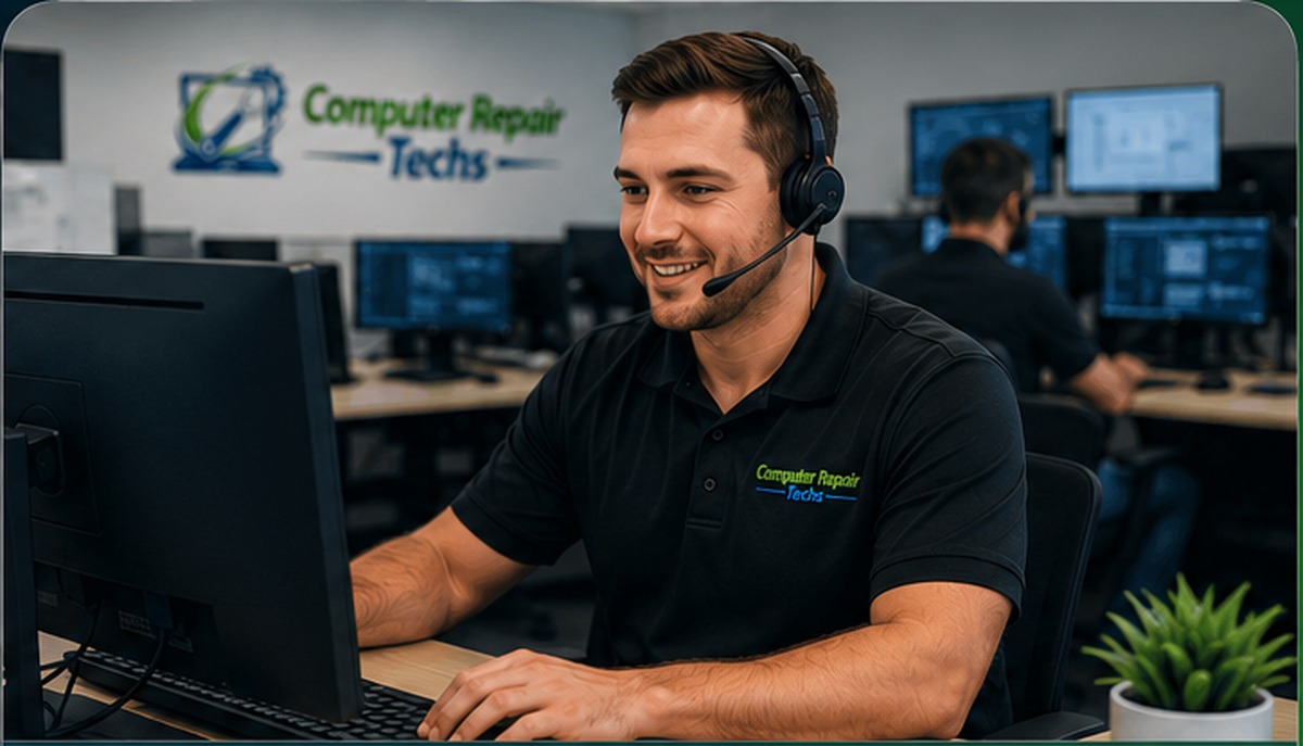 Computer repair technician providing remote support